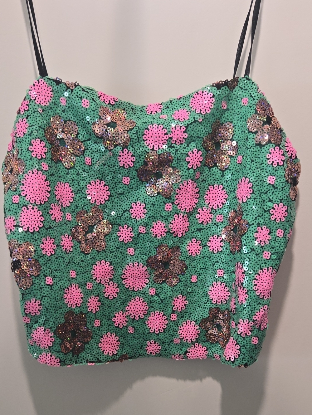 Topshop Green Sequin Floral Cami with Pink & Gold Flowers
